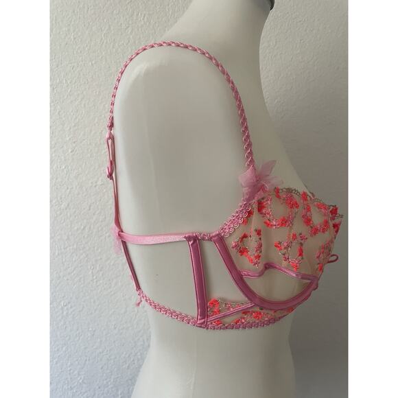 For Love & Lemons Bra Lingerie Floral Bouquet Plunge Sheer Pink - Picture 5 of 12